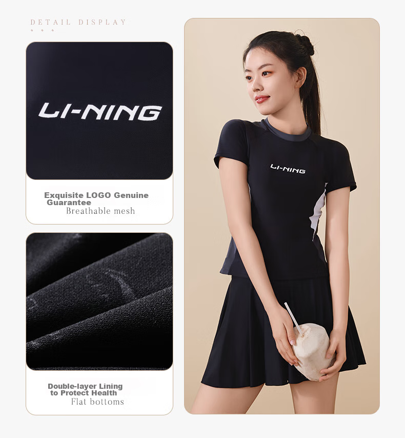 Li-Ning Women's Two-Piece Swimsuit with Skirt, Tummy Control, Slimming, Quick-Dry, Hot Spring Swimwear 4591 Black And Gray XXL 13