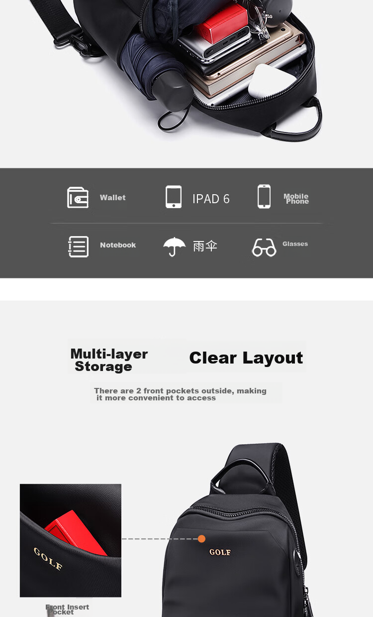 GOLF Chest Bag for Men, Trendy Crossbody Bag, Casual Shoulder Bag for IPad And Phone, Cycling Sports Travel Small Backpack 8
