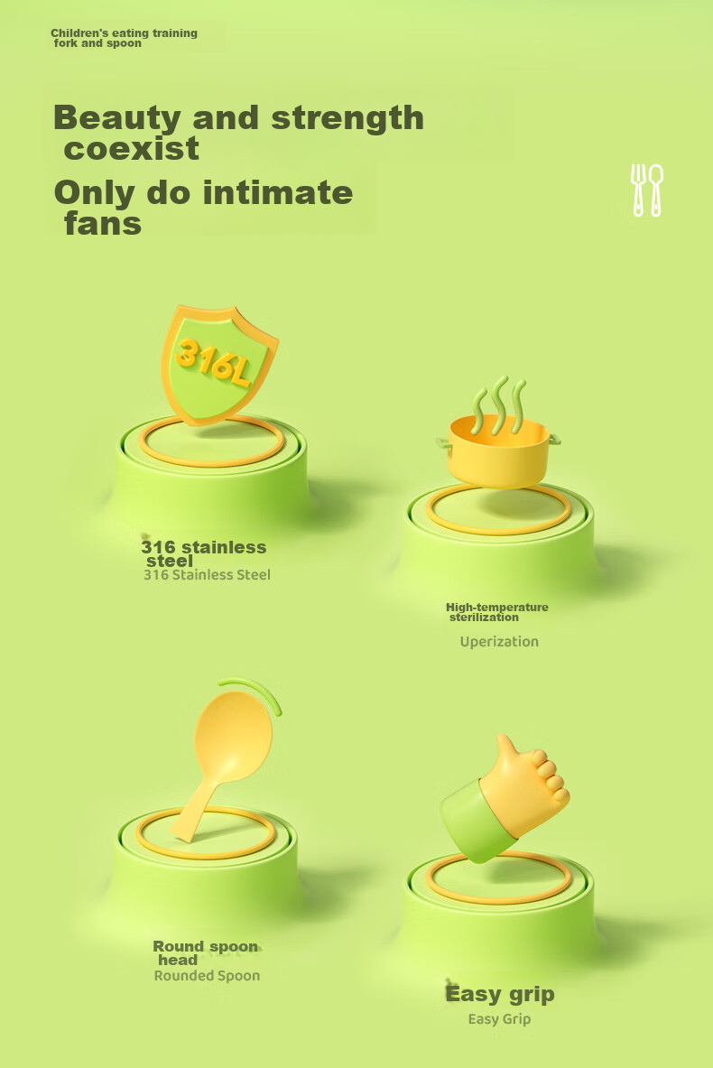 COOKSS Children's Spoon Set, Baby Training Feeding Utensils, 316 Stainless Steel, for Ages 2-8, Infant Supplementary Food Spoons, Tableware, Green + Box 3