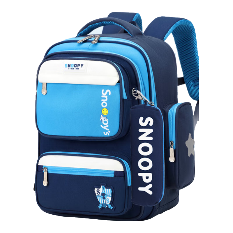 SNOOPY Schoolbag for Primary School Students, Children's Spine-Protecting And Load-Reducing Backpack for Grades 1-3 Large Capacity Boys' Shoulder Bag Blue Large Size
