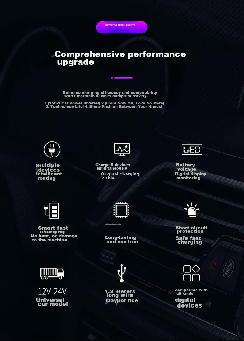 Newsmy Car Charger, Fast Charging Cigarette Lighter, Car Power Converter Plug with Three-Way Cable, Car Charger 4