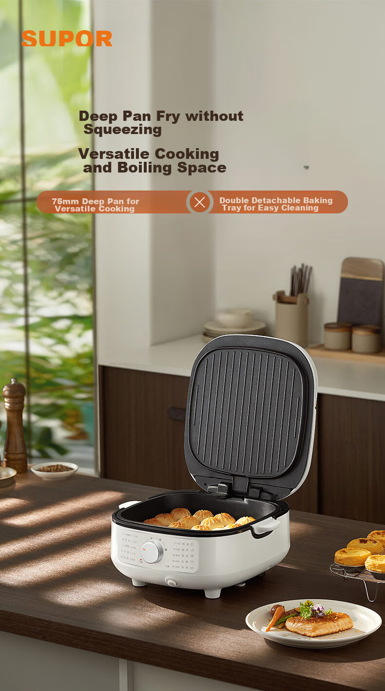 SUPOR Electric Griddle with Detachable Upper And Lower Plates, Steamer Pot Hot Pot Wok, Pancake Maker Sandwich Machine Breakfast Maker 75mm Deep Adjustable Heat JT2828R864 3