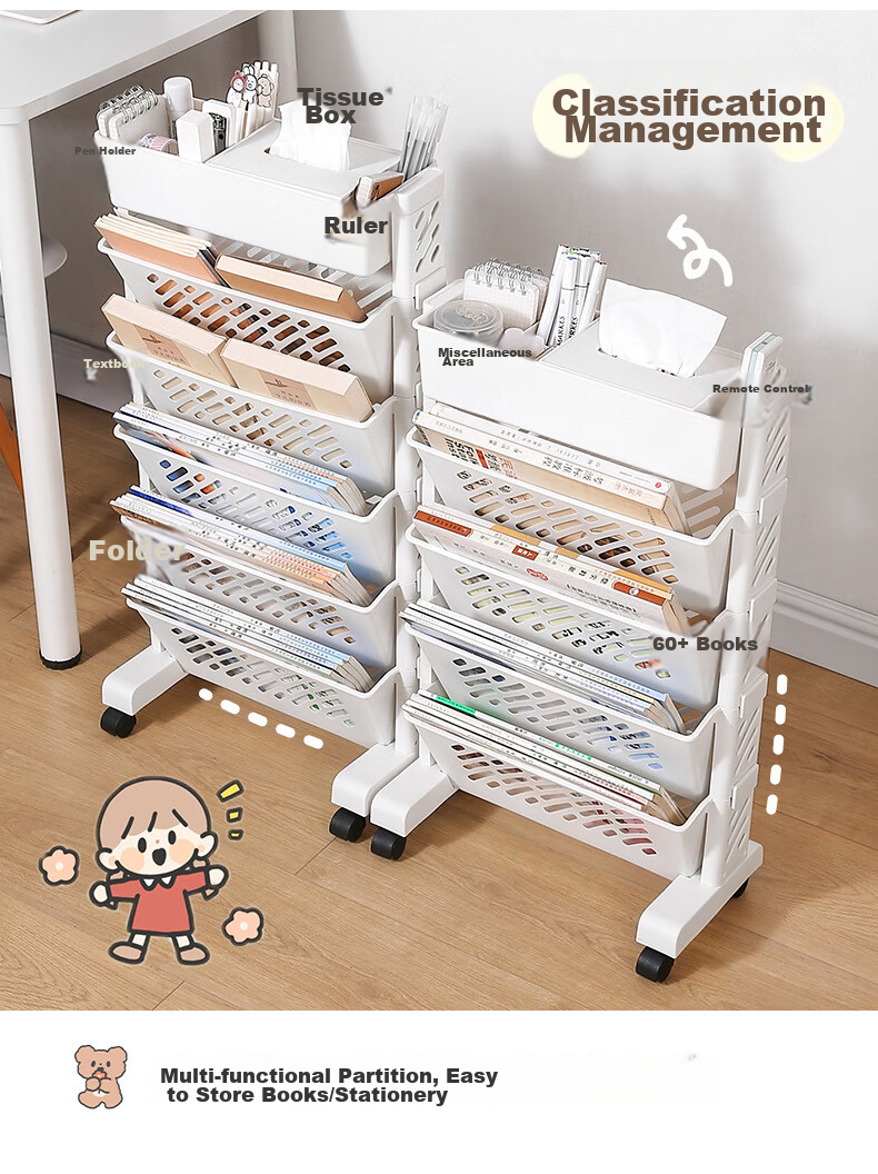 Jinlongxing Mobile Bookshelf, Classroom Desk Side Storage Rack, Floor-Standing Book Organizer with Wheels, Magazine Rack, Six-Tier 4