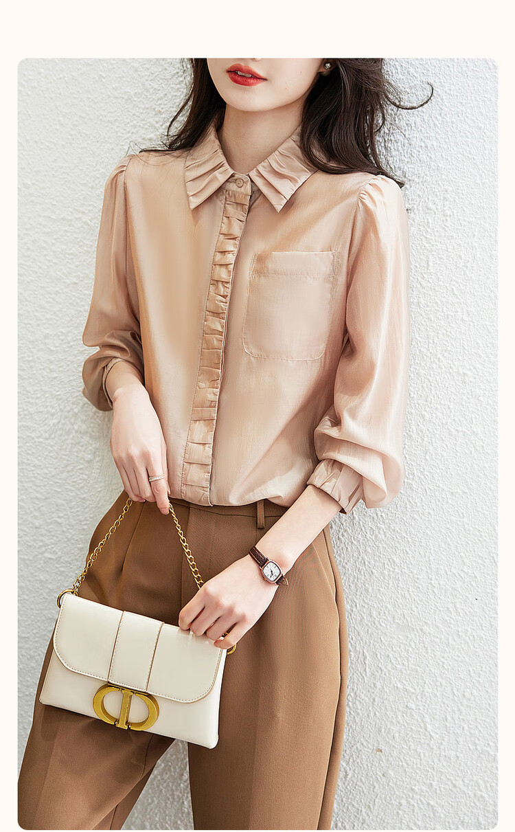 Dme [Smooth And Silky] Spring And Autumn Commute Light Luxury Tencel Shirt, Lapel Design, Pleated Long-Sleeve Blouse for Women Top 2