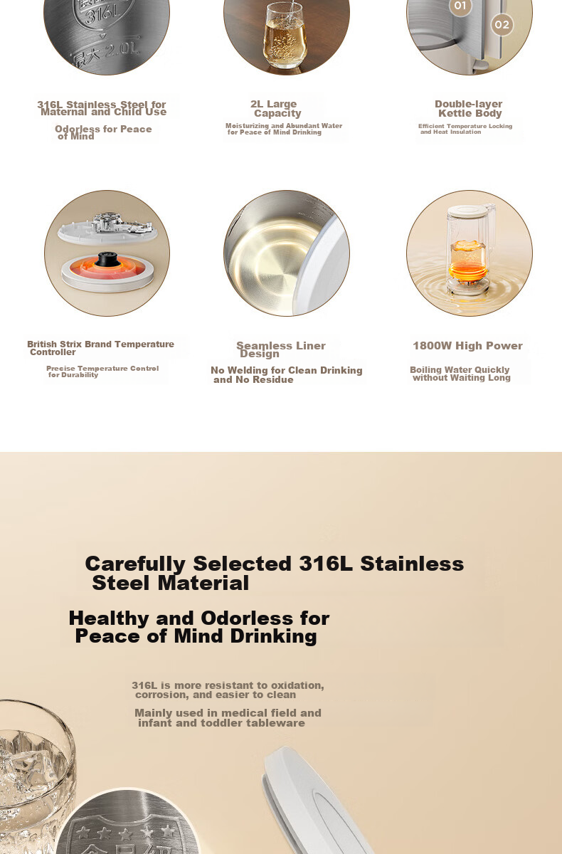 Joyoung Electric Kettle, 2L Large Capacity, 316L Stainless Steel Seamless Inner Tank, No Glue, Household Water Boiler, K20FD-W513 5