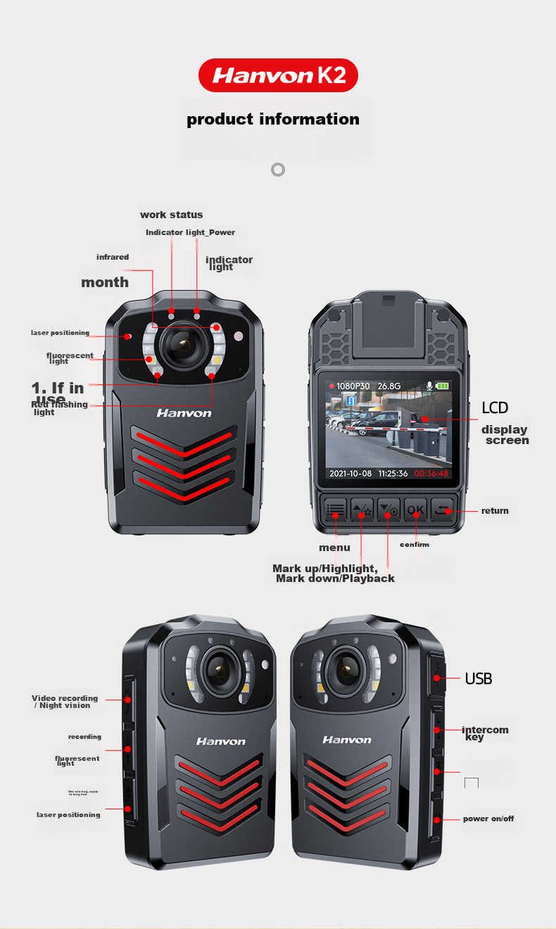 Hanvon Law Enforcement Body Camera, 32GB Professional High-Definition Infrared Night Vision Mini Portable 22-Hour Ultra-Long Video Recorder K2 16