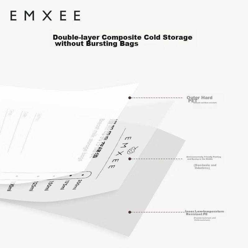 EMXEE Пакеты для хранения грудного молока, одноразовые, с соскообразной формой, для холодильника, герметичные, термочувствительные, 200 мл * 5 шт.