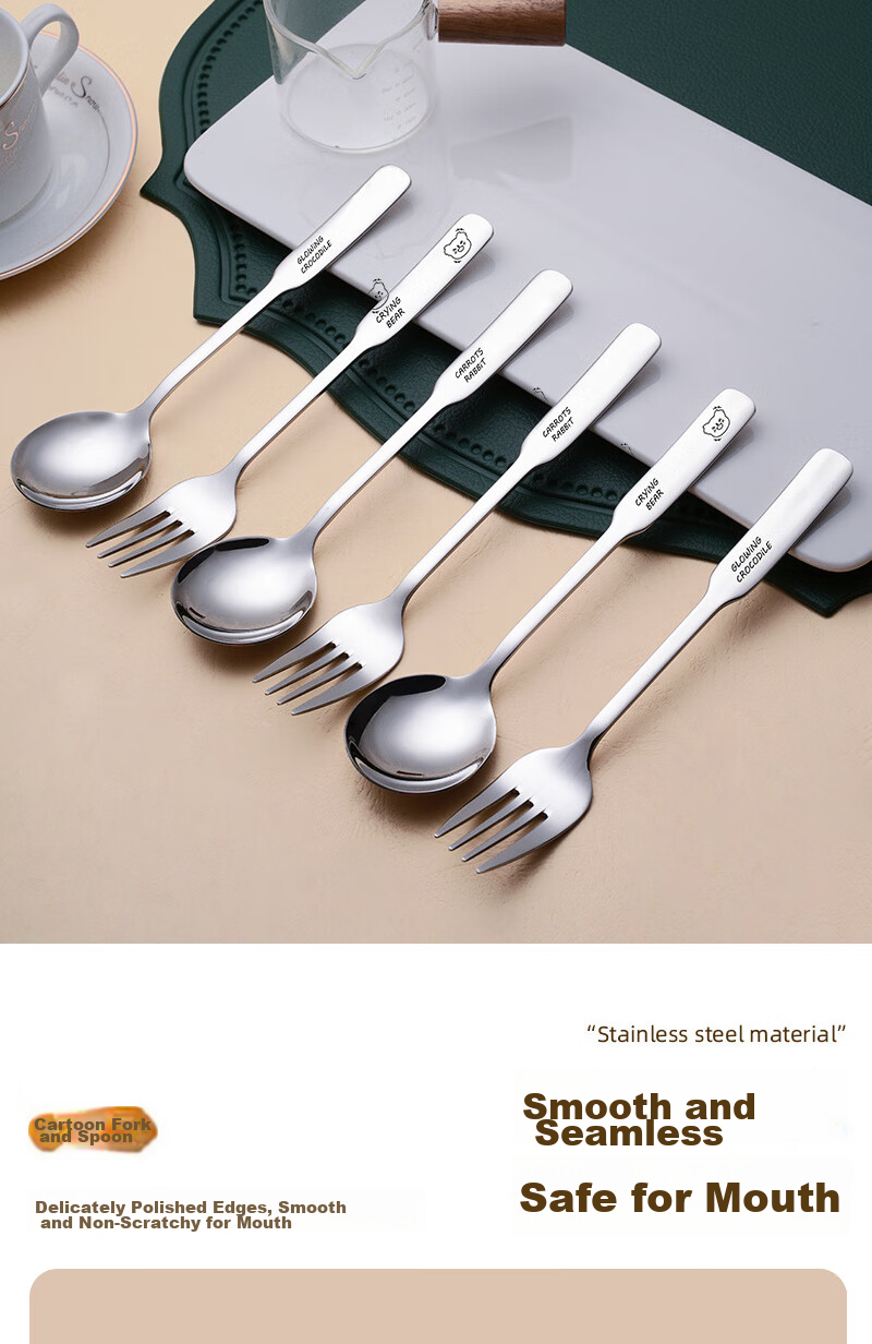 Edo 316 Stainless Steel Children's Fork And Spoon Set with Long Handles, Cartoon Design, Home Dining Utensils, 2-Piece Set, Bear Patter 4