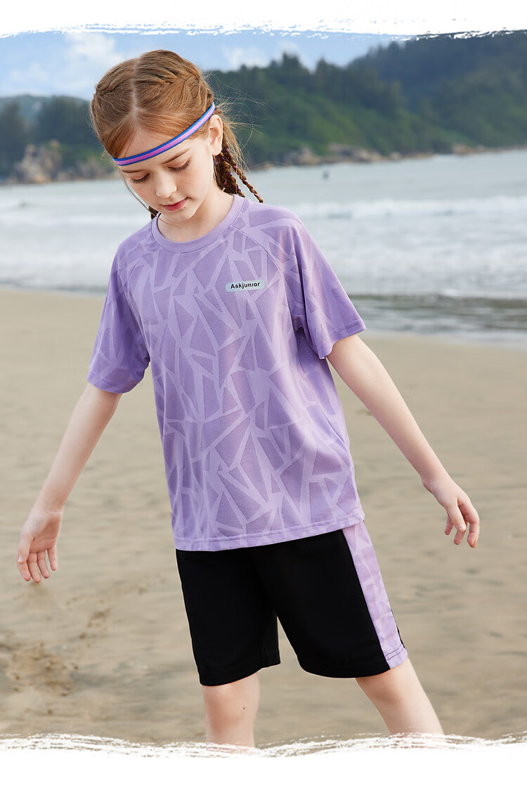 ASK JUNIOR Girls' Set, Summer 2025 Thin Short-Sleeve T-Shirt, Children's Shorts, Quick-Dry Running Outfit, Purple, Size 120 13