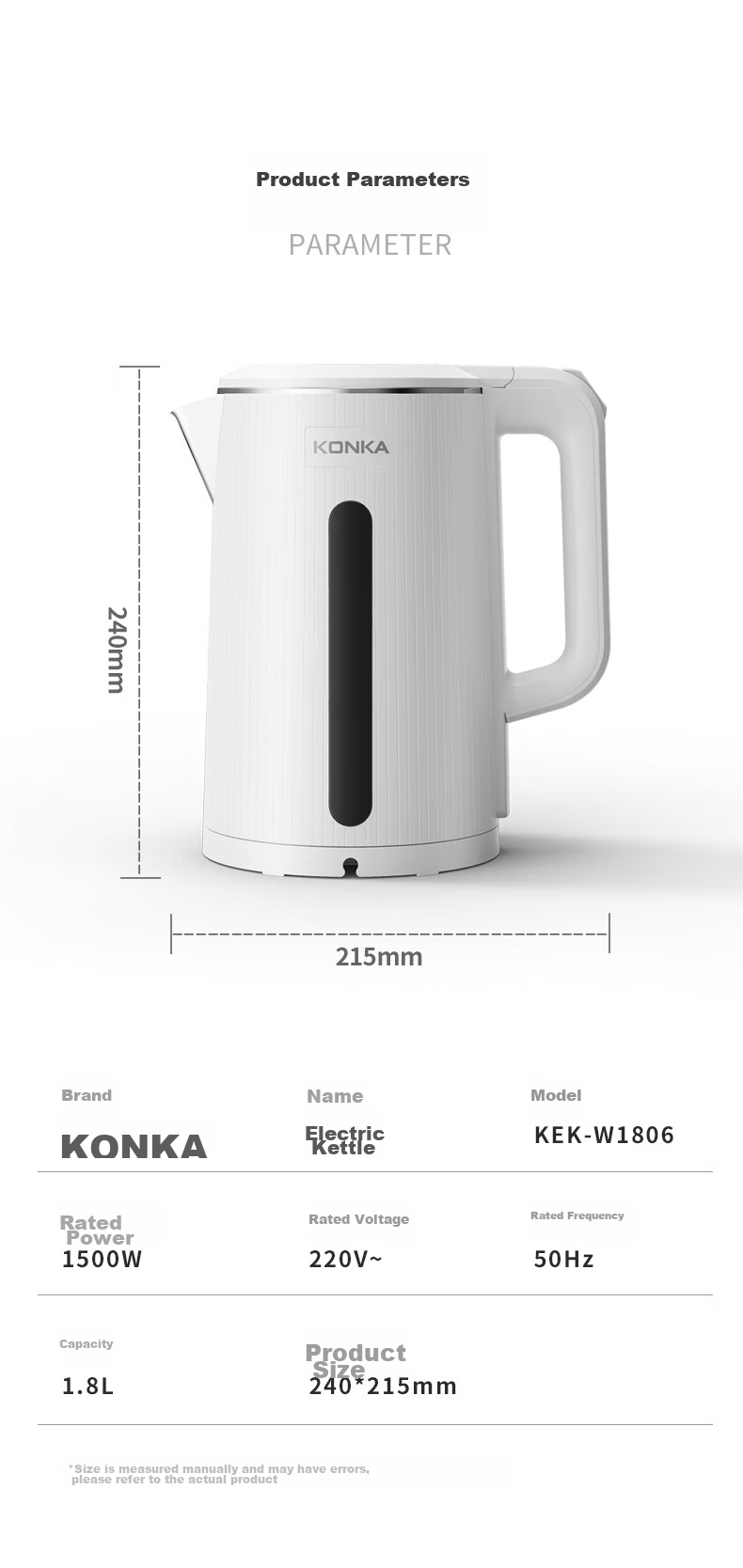 KONKA Electric Kettle, 304 Stainless Steel Double-Layer Anti-Scalding, 2.2L Large Capacity, Household Insulated Water Boiler, Hot Water Kettle, KDSH-2233 15
