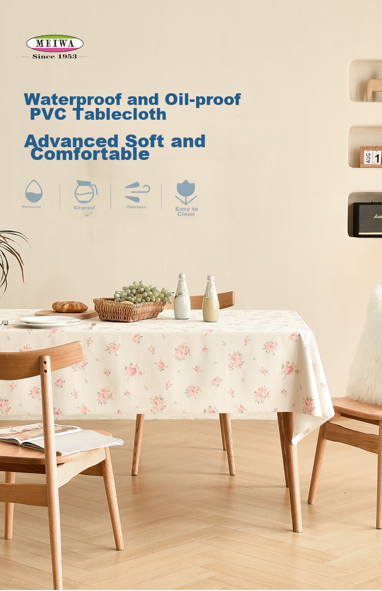 MEIWA Waterproof, Oil-Proof, And Heat-Resistant Rectangular Tablecloth for Coffee Table, Dining Table Mat, Table Cover, 137*180cm, Rose 1