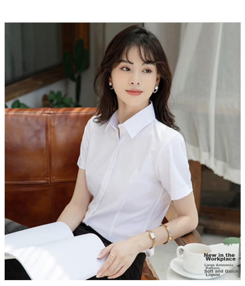 XUEXIMAN Short-Sleeve Shirt for Women, Work Uniform Blouse, Business Casual Slim-Fit Professional Wear, Summer Work Clothes, Square Collar, White 12