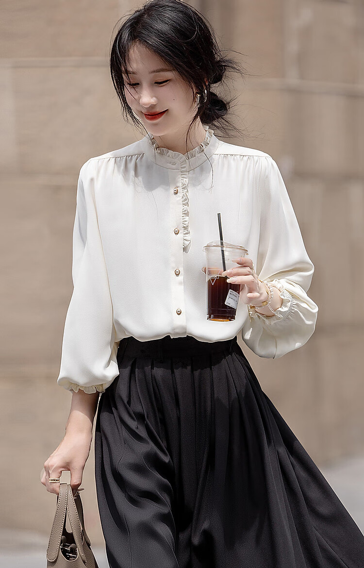 Dme [Ruched Shiny Blouse] Spring And Autumn French Style Women's Elegant Ruffle Stand Collar Pleated Blouse Women's Top 14
