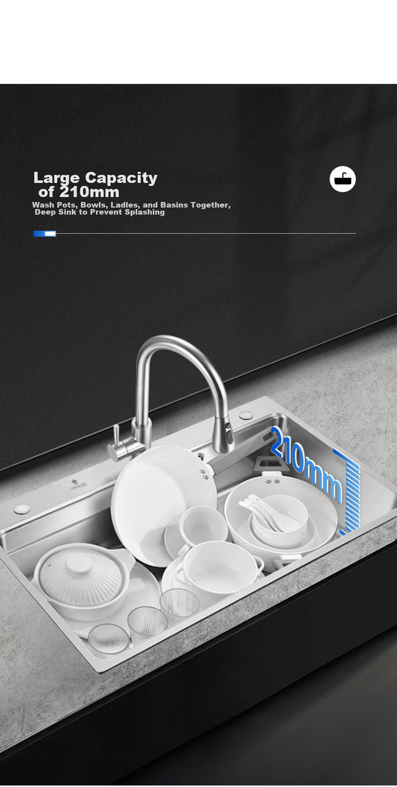 OULIN Kitchen Sink, Large Single Basin Vegetable Washing Sink, Integrated Basin, 304 Stainless Steel Dishwashing Sink, Pull-Out Faucet 9116 4