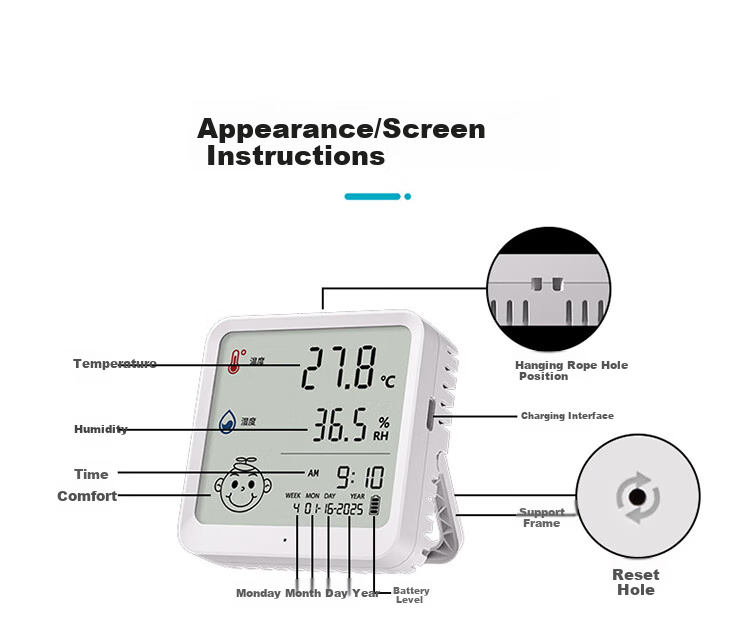 Aikesi Indoor Electronic Thermometer And Hygrometer, Home Use, High Precision, Large Screen, Wall-Mounted Or Freestanding, Dual-Use Clock, Digital Display Temperature And Humidity Meter, Green Model 13