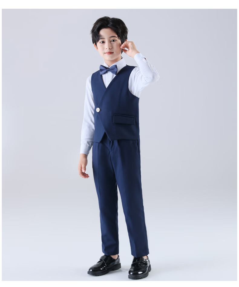 Yinuofang Children's Suit Set, Vest Set for Performances, Boys' Suit, Navy Blue Single-Breasted Vest Set, 160CM 14