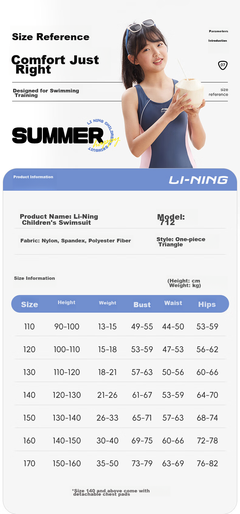 Li-Ning Youth Swimsuit, Girls' Comfortable Sports One-Piece Triangle Professional Training Swimwear, 7123 Black And White, Size 160 9