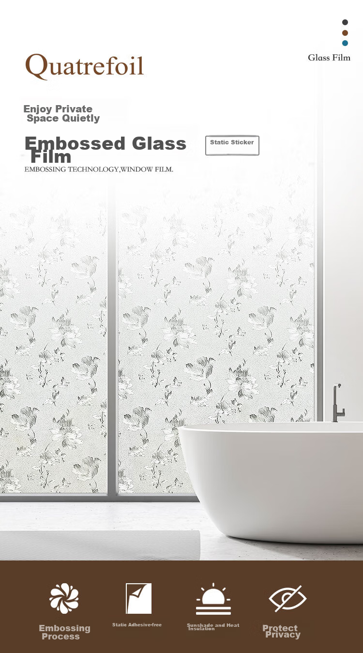 Quatrefoil Printed Glass Sticker, Static Cling for Doors, Windows, Bathroom And Shower, Window Decal, 90*200cm, Hibiscus Flower Patter 2