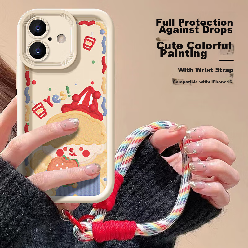Jiangming IPhone 16 Case, Full Protection Shockproof Cover for Apple 16, Trendy High-End Creative Luxury Cartoon Cute Soft Shell with Lanyard for Men And Wome