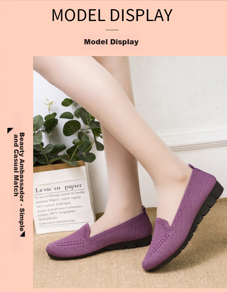 Weizhi Old Beijing Cloth Shoes for Women, Fly-Knit Loafers, Polyurethane Sole Flats, Mom Shoes WZ1029 Purple 37 9