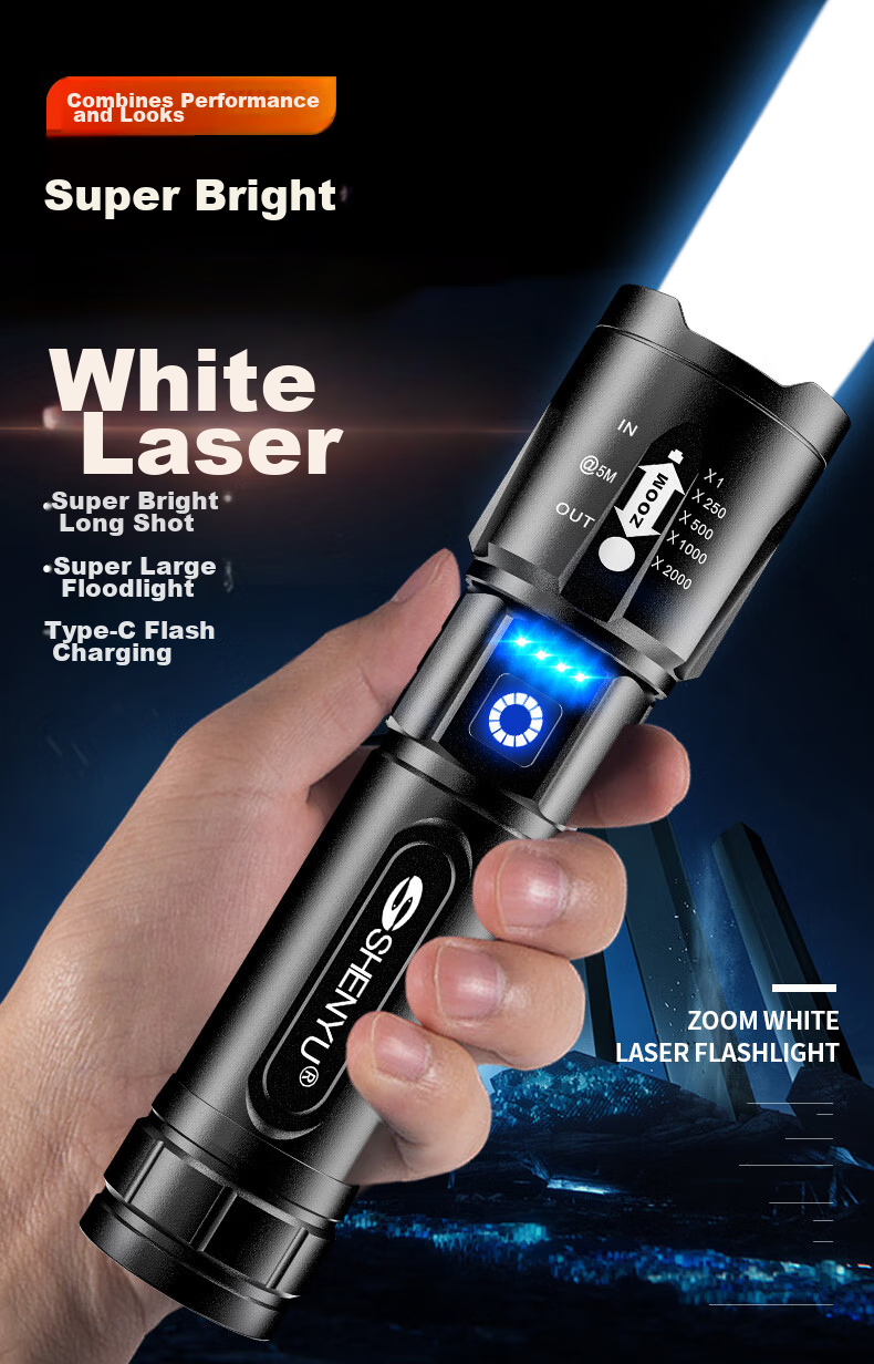 SHENYU Flashlight with High Brightness, Zoomable Lens, Rechargeable Battery, Long-Lasting Power, Outdoor Survival, Long-Range Beam, Military-Grade Ultra-Bright, Home Emergency Use 3