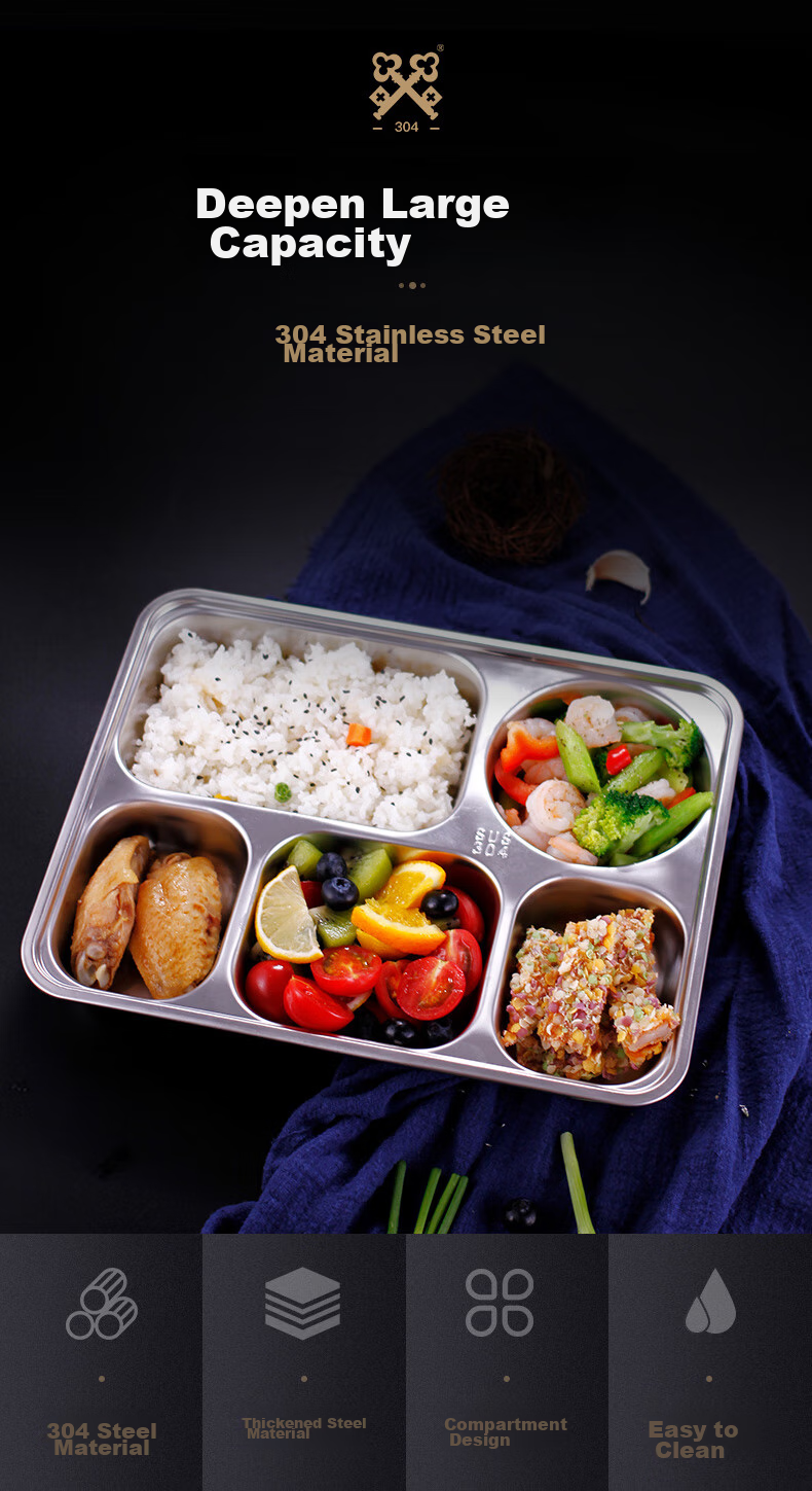Jinyaoshi 304 Stainless Steel, Thickened Compartmented Fast Food Tray for Adults, Full Steel Lunch Box with Lid, Five Compartments GK-510KC 1