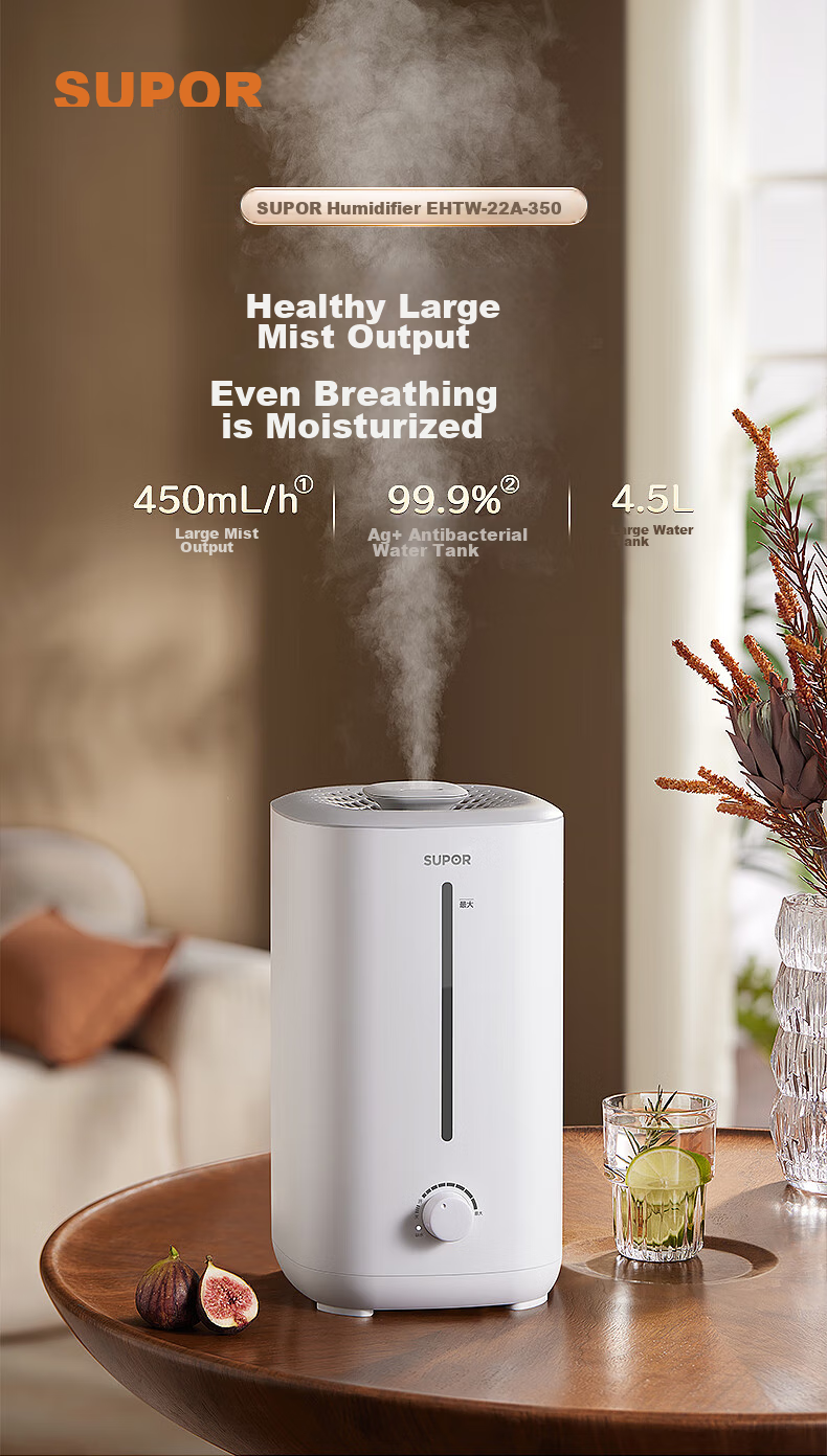 SUPOR Humidifier for Bedroom, Home Use, Infant, Office Desk, Dormitory, Evaporative Mist Maker, Small Air Purifier EHTW-22A for Relieving Dry Throat, Nasal Congestion, Rhinitis, And Allergies 2