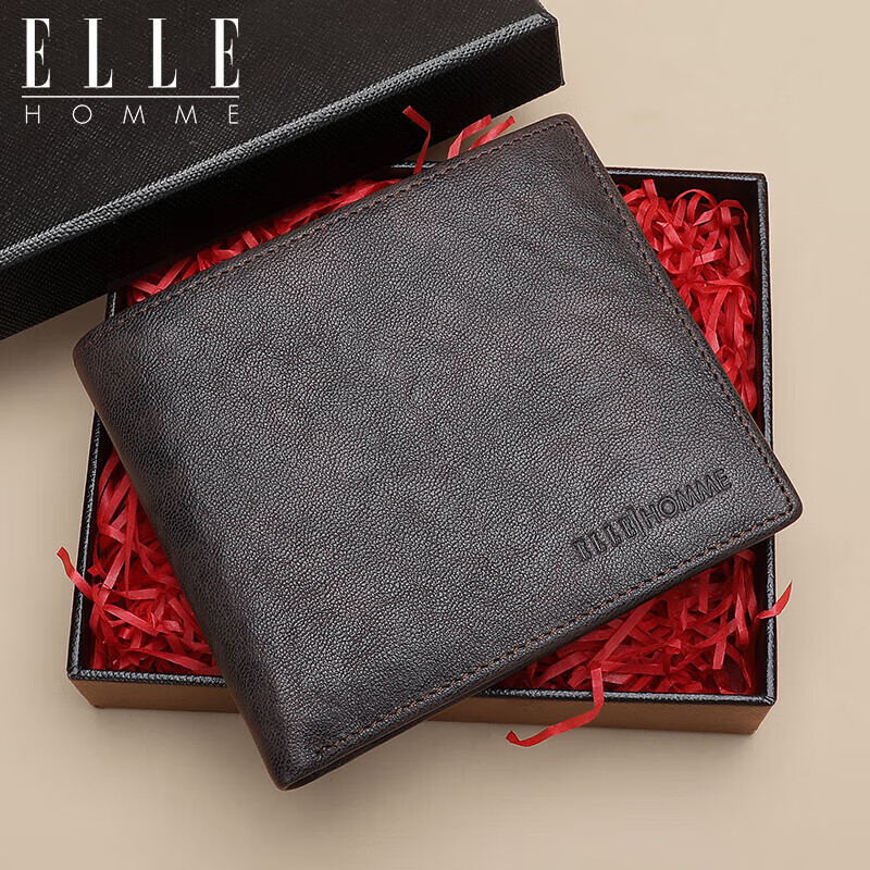 ELLE HOMME Men's Short Wallet, Top-Grain Leather Multifunctional Billfold, Two-Fold Money Clip 3720 Black, Birthday Gift for Me