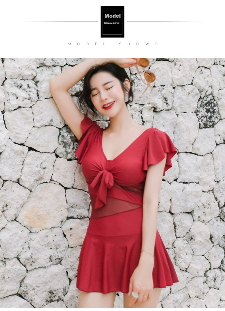 DK Swimsuit for Women, Sexy Push-Up Korean Style One-Piece Dress, Conservative Tummy-Covering Slimming Swimwear for Hot Springs, Red, M 3