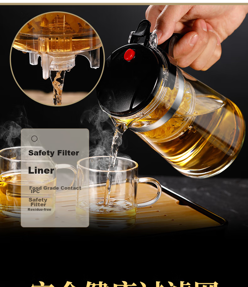 Ranye Glass Teapot with Heat-Resistant Cup, Press-Type Tea Infuser with Separate Compartments, 1000ml Simple Filter Tea Pot SY1000 12