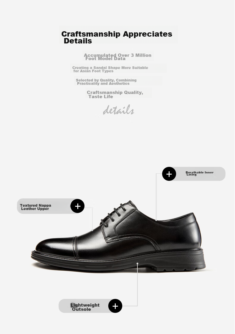 Aokang Business Formal Commuter Derby Shoes, Cowhide Comfortable Three-Joint Leather Shoes for Men, Black, Size 41 3
