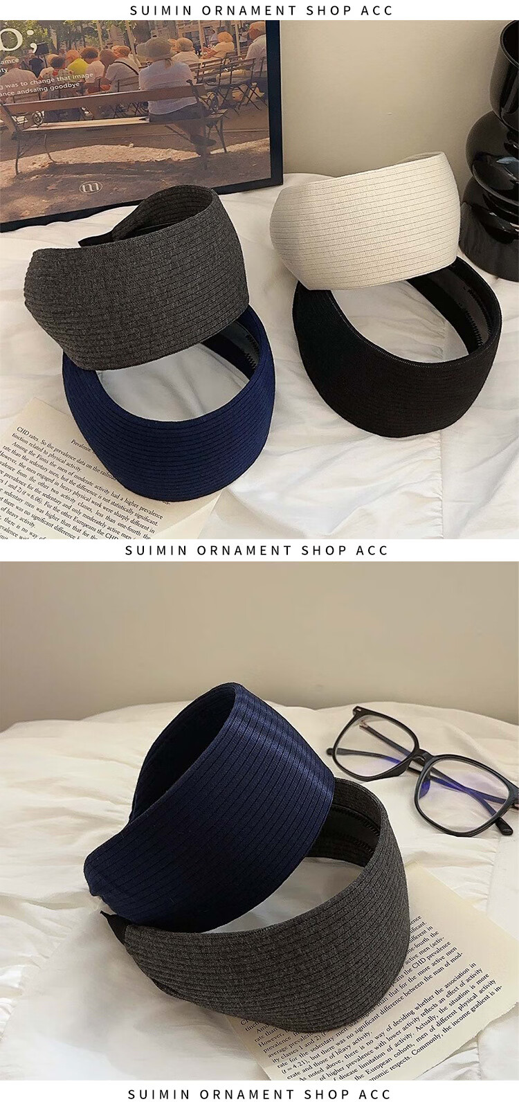 GECOMO Yimengling Same Style Gray Wide-Edge Headband for Women, Korean-Style Knitted High Crown Sports Band Headband Hair Accessory 3