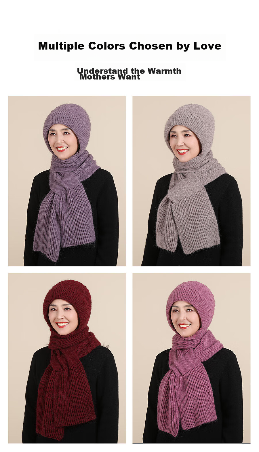 Hengyuanxiang Middle-Aged And Elderly Hat Scarf Integrated Knitted Cap, Winter Warm Rabbit Fur Fleece-Lined Gift for Elders 10