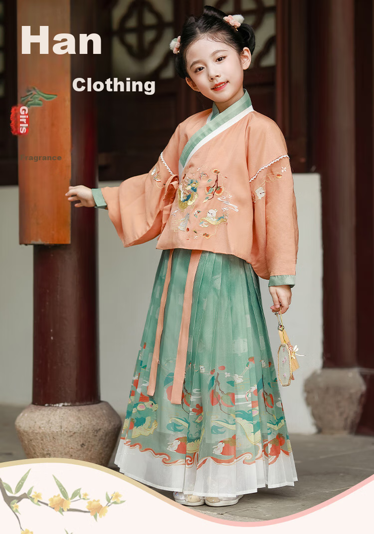Luomeng Girls' Ming Dynasty Hanfu Chinese Style Children's Horse-Face Skirt Set Performance Costume, Hanfu Cobalt Blue Two-Piece Set, Size 160 1