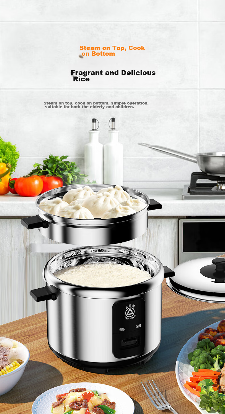 Triangle Rice Cooker, Traditional Electric Rice Pot, Stainless Steel Household 4L Cooking Pot for 3-4 People, 304 Stainless Steel Inner Pot with Steamer, TG-Z40X12ZK 5
