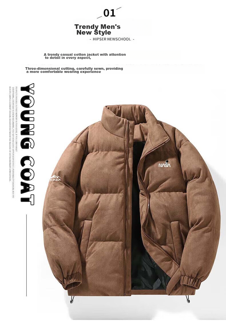 NASA MARVEL Cotton Jacket for Men, Winter Coat, Thick Padded Stand Collar, Suede Trendy Loose-Fit Versatile Couple's Outfit for Me 7