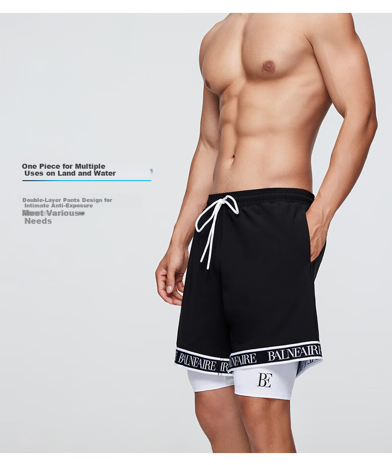 BALNEAIRE Men's Swim Shorts, Quick-Drying Hot Spring Pants, Fashionable Double-Layer Casual Sports Beach Shorts, 50435 Cool Black And White, Size L 3