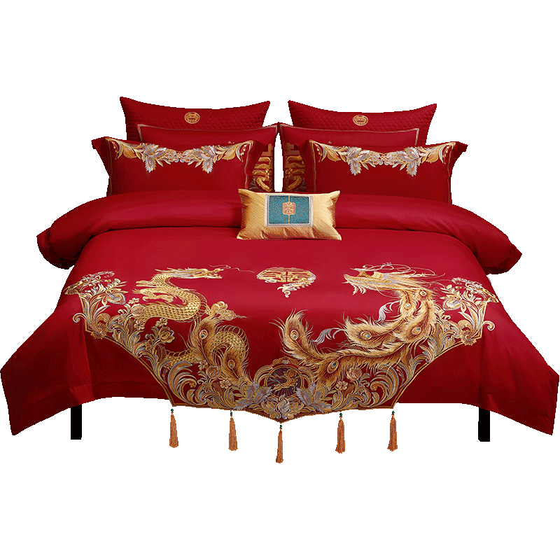 Shuixingjiafang Wedding Bedding Set of Twelve Pieces, 60S Long-Staple Cotton Sateen, Red Wedding Bed Sheet And Duvet Cover, New Marriage Gift, for 1.8m Bed