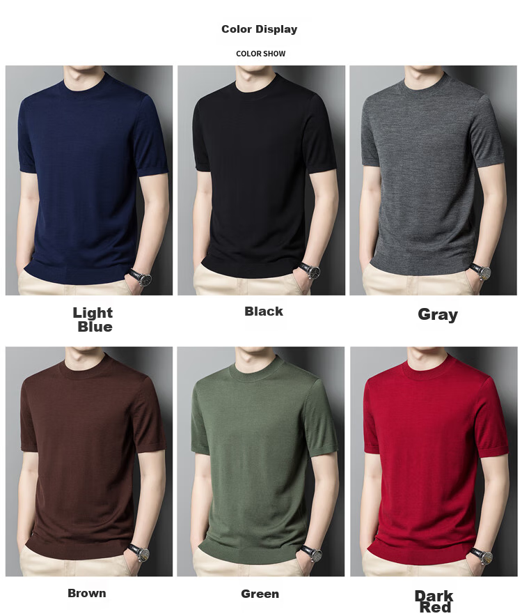 Hengyuanxiang Washable Fine-Spun Wool Sweater for Men, Thin Round Neck Short Sleeve Knitted T-Shirt Pullover, Bright Red, Size 165 11