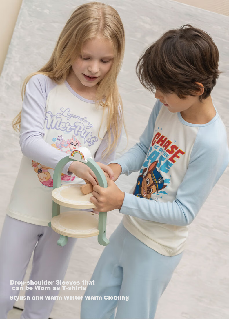 AIMER KIDS Little Heater [Medium Warmth] Thermal Underwear for Girls, Paw Patrol Moisture-Wicking Heat-Generating Autumn Top And Pants Set, White And Pink, Size 100 14