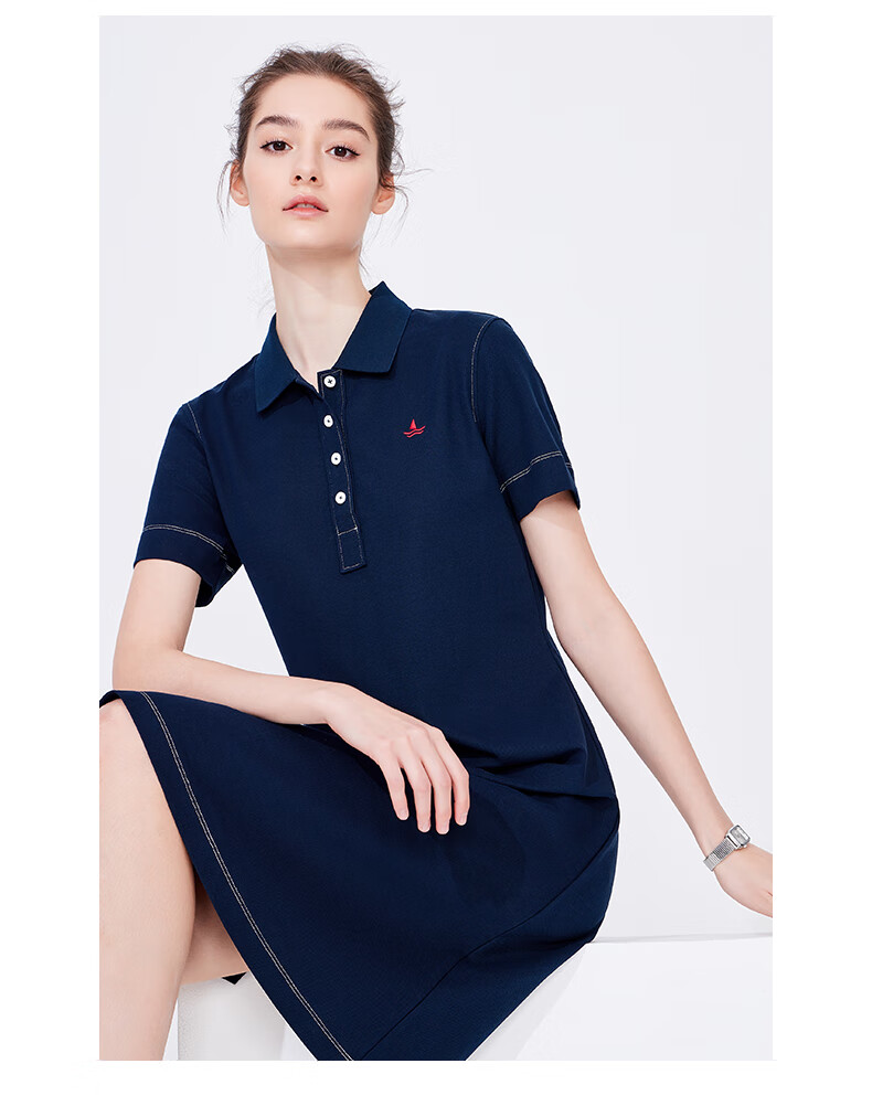 Navigare Women's Short-Sleeve Polo Collar Dress, Comfortable A-Line Midi Skirt, 2322874506 3