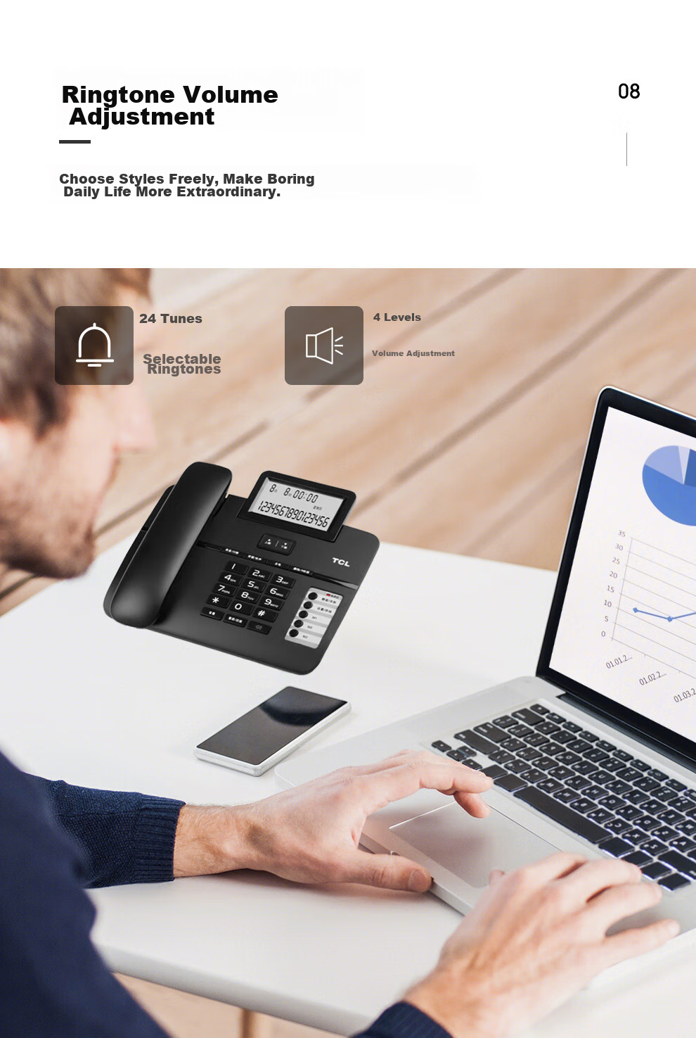 Yijiatong Office Telephone T66, Home Landline Phone, Stylish Business Office Caller ID, for Office/home/business Use, Black Dual Interface 14