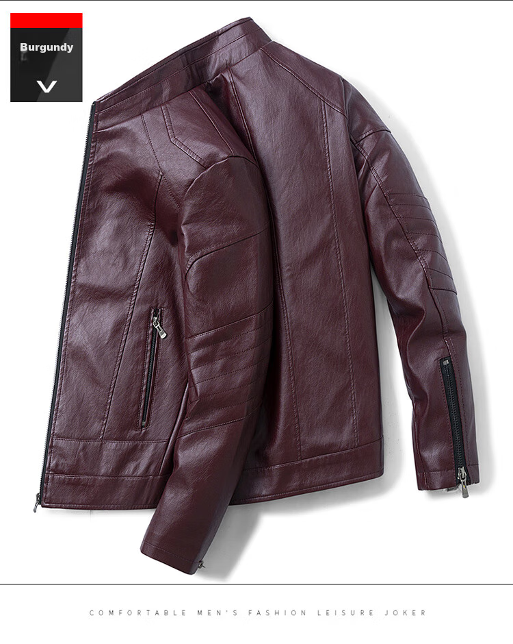 JEEP SPIRIT Men's Leather Jacket, Spring And Autumn Stand-Collar Business Motorcycle Outerwear, Black, Size L 14