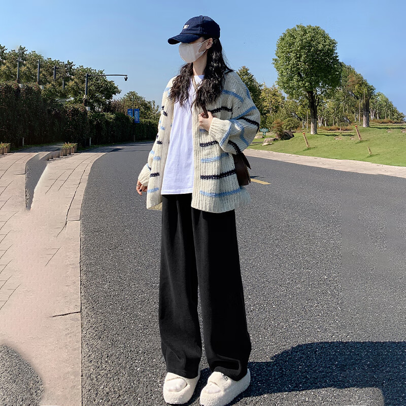 LangSha Women's Casual Pants 2025 Autumn Winter New Petite Fleece-Lined Wide-Leg Pants Korean Slimming High-Rise Velvet Trousers