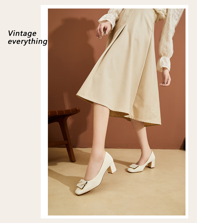 DAPHNE Square Toe Chunky High Heels for Women, Comfortable Shallow Mouth Elegant Fashion Shoes, Height-Increasing Commuter Women's Pumps, Beige, Size 36 7