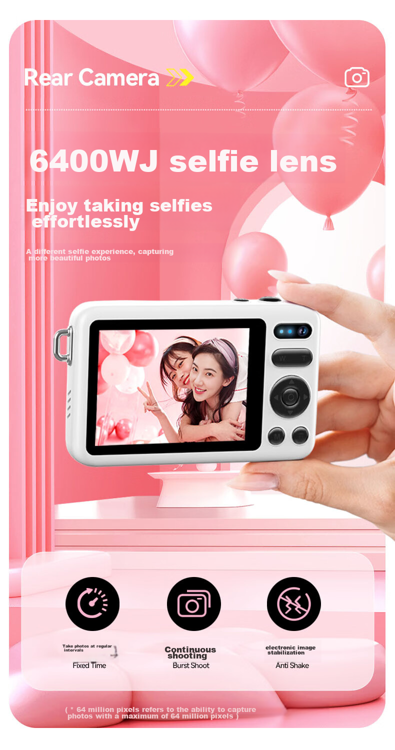 Aigo E3 Student Digital Camera, Compact Card Camera for Girls, High-Definition Campus Travel Birthday Gift Alternative, CCD Dual Rear Cameras with Selfie Function, 32GB Pink 8