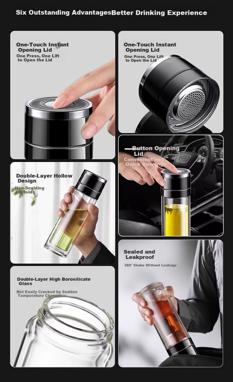 LINGCHEN Men's Tea Cup with Tea-Water Separation, Quick-Open Car Mug, One-Button Lid, High Borosilicate Glass, Heat Resistant 1