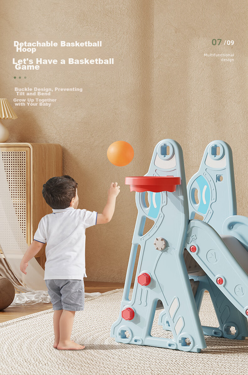 HOBBY TREE Children's Slide, Swing, Basketball Hoop Set, Indoor Playground Equipment, Multifunctional Baby Toys, Sky Blue 14