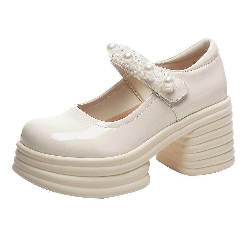 DAPHNE Ultra High Heel Mary Jane Shoes for Women, Chunky Heel Heightening Pumps, British Style, Versatile with Dresses, Women's Leather Shoes, Beige, Size 37