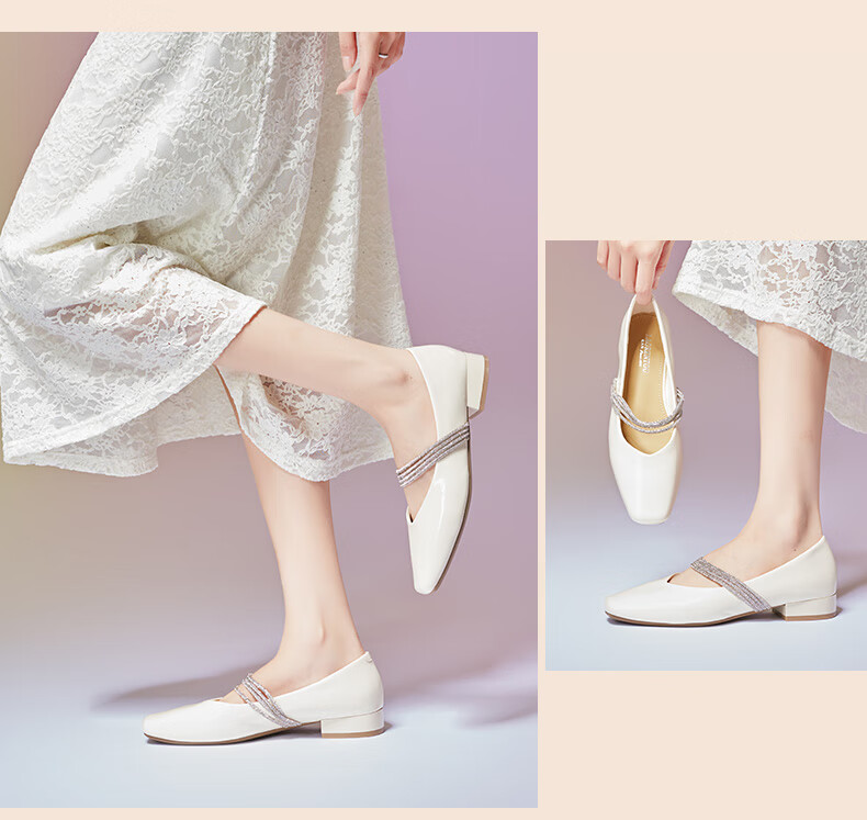 LAORENTOU Women's Single Shoes, Evening Wind Shoes, Mary Jane Heel, Elegant Rhinestone Chunky Heel, Fashionable Women's Shoes, LB15538, Beige, Size 35 10
